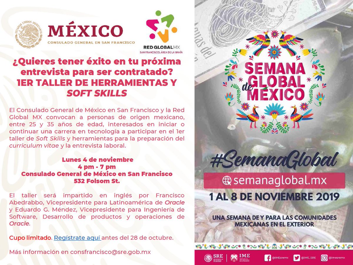 ConsulmexSFO's tweet photo. @ConsulmexSFO y @RedGlobalMX_SF te invitan al primer taller de herramientas y soft skills.
Conoce los requisitos y regístrate en línea en: https://t.co/F4TMhl9WIG
@goarnau @SG_ReyesC https://t.co/fTEQaHEOzv