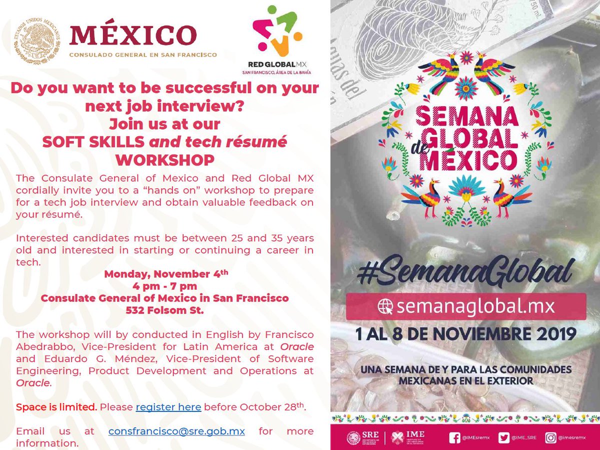 ConsulmexSFO's tweet photo. @ConsulmexSFO y @RedGlobalMX_SF te invitan al primer taller de herramientas y soft skills.
Conoce los requisitos y regístrate en línea en: https://t.co/F4TMhl9WIG
@goarnau @SG_ReyesC https://t.co/fTEQaHEOzv