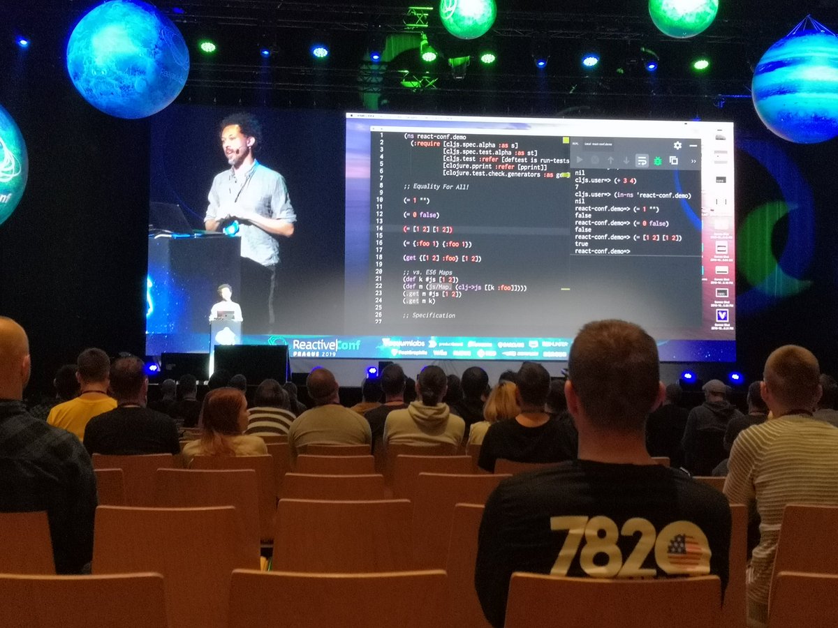 robywan27's tweet photo. First day of #reactiveconf with @swannodette on the talk "Are we there yet". Here making a short demo with #clojurescript and Clojure Specs https://t.co/bgOGdKw12U