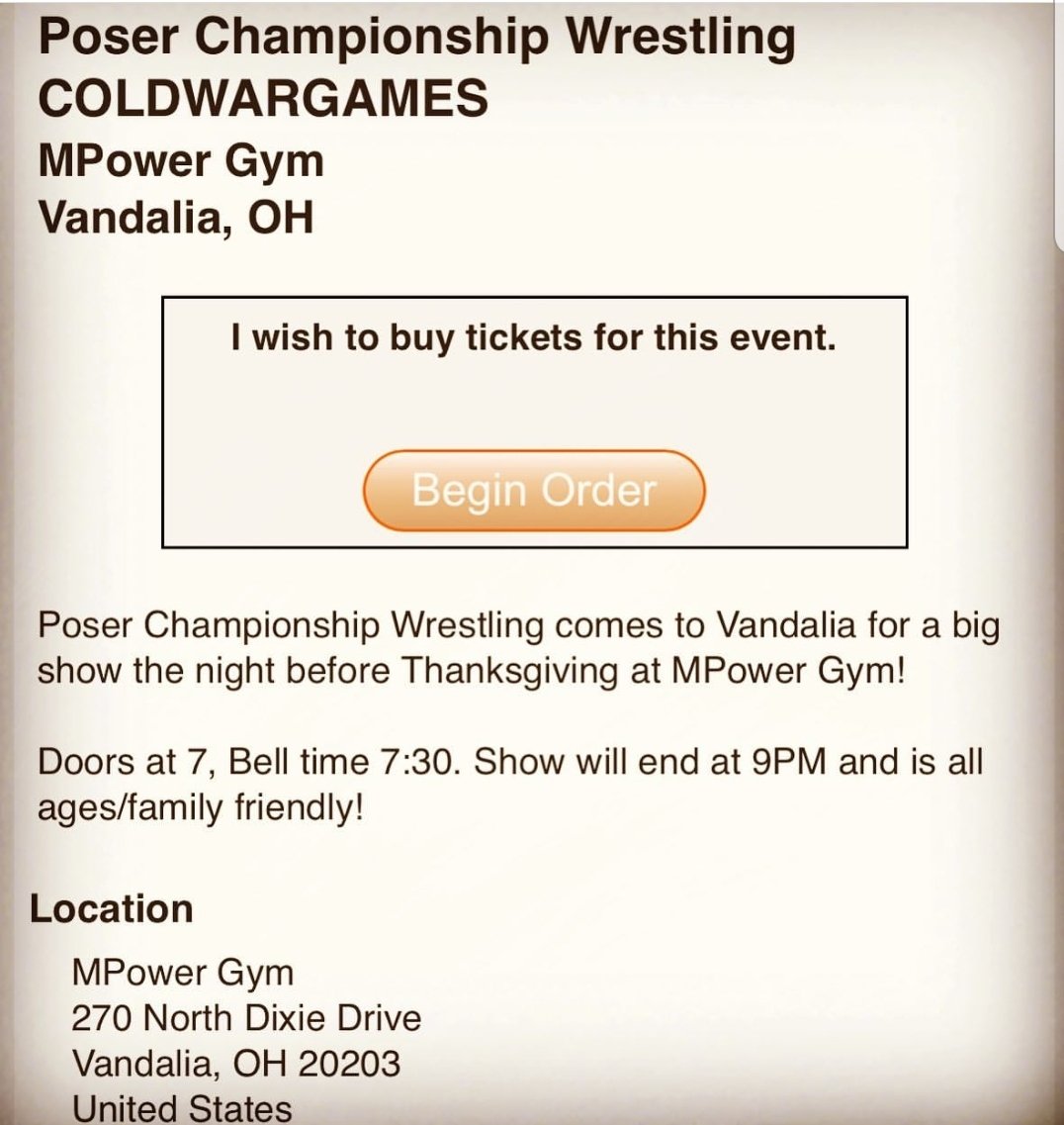 PoserWrestling's tweet photo. https://t.co/ilu0VDZvvT is the place to get your tickets for the #coldwargames at #Mpowergym the #nightbeforethanksgiving so head there and grab yours today!! #tickets #brownpapertickets #poserwrestling #pcw #poserchampionshipwrestling #indiewrestling #FridayFeeling #November1st https://t.co/J8n1N532Ws