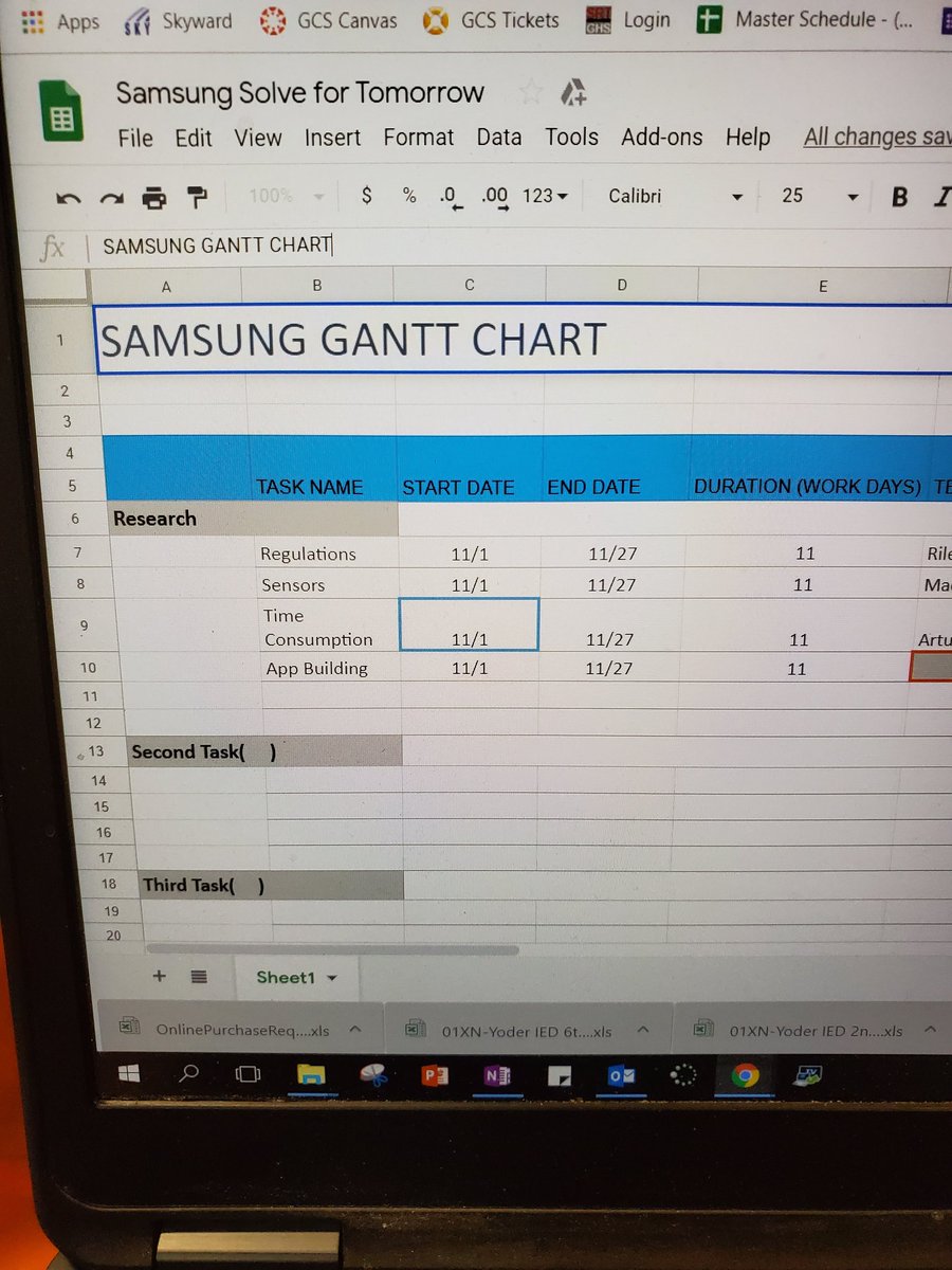 GHSEngineerTech's tweet photo. Part of taking ownership of their learning, students in #EngDesDev have to create a Gantt chart for their group project...and then follow it. 100% student created and will determine each class day's activities. #lessonplansdone #worksmarternotharder #teachinghacks https://t.co/ijXNTUAXT4