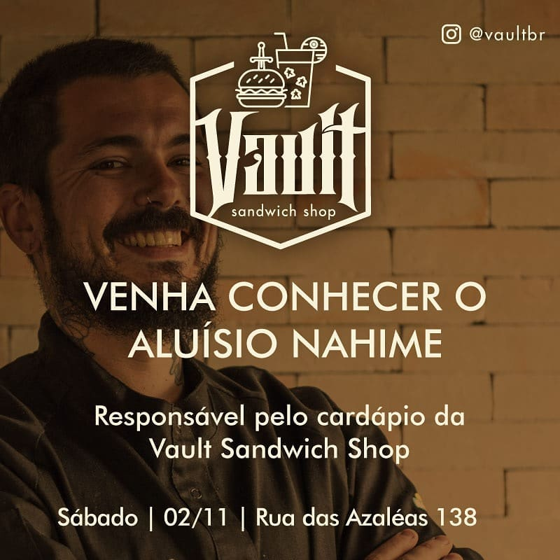 GameVaultBr's tweet photo. Amanhã, a partir das 12h, venha experimentar o cardápio confeccionado pelo Masterchef Aluísio Nahime na inauguração do Vault Sandwich Shop!

O próprio Aluísio estará no restaurante para você conhecê-lo!

#VemPraVault #VaultSandwichShop #ChefAluisioNahime #GameVaultBr https://t.co/qasglbamr6