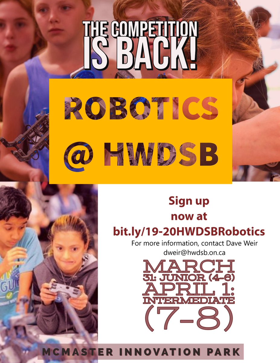 RoboticsHWDSB's tweet image. It's live! It's time to register for our Robotics Compeition for 2019-2020 at McMaster Innovation Park. Sign up for the Jr or Int (or both) competition at bit.ly/19-20HWDSBRobo…
(You will need to log in). Questions? Ask them here or with @davidweir54 @jademahwdsb @dsiertse