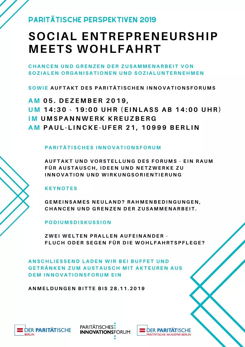 Diskutieren Sie mit uns: 05.12.19, 14.30 Paritätische Perspektiven: #Social #Entrepreneurship meets #Wohlfahrt &amp; Eröffnung Paritätisches #Innovationsforum 
Mit <a href="/SEND_ev/">SEND e.V.</a>, Prof. Thorn Kring, Andres Sperlich USE gGmbH, <a href="/GaSchlimper/">Gabriele Schlimper</a> <a href="/ParitaetBerlin/">Paritätischer Berlin</a>  Anmeldung: bit.ly/34k6mQd