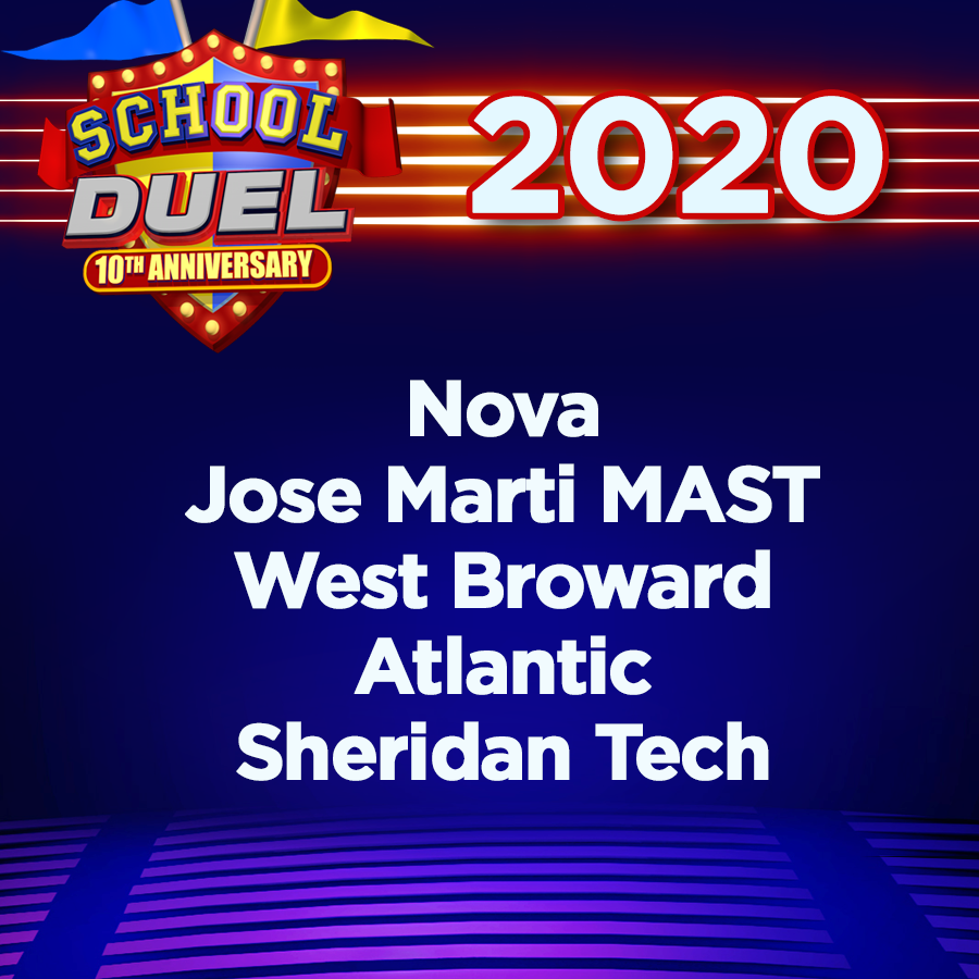 SchoolDuel's tweet photo. Here we goโฆ. In no particular order, here are the next 5 schools of #SchoolDuel 2020!
Congrats to #NovaHigh, #JoseMartiMAST, #WestBrowardHigh, #AtlanticHigh & #SheridanTech!
Come back tomorrow to see the final 5 schools! #gameshow #SouthFlorida #highschool #trivia #prizes https://t.co/koQlHVs2ZI