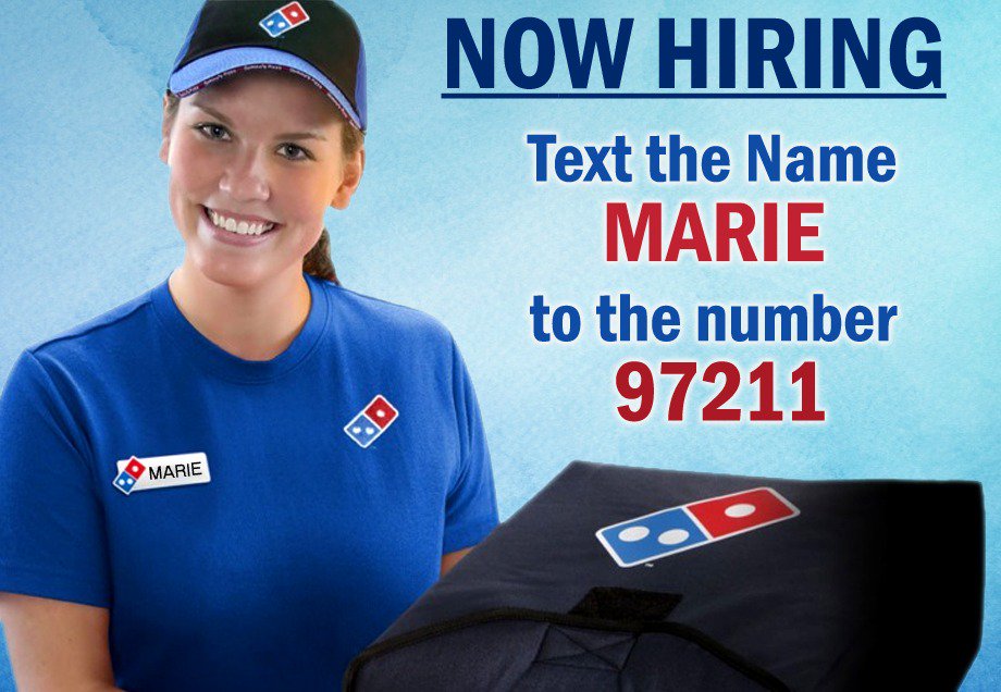 Domino's is hiring ! 🍕 🔥 🎉
Flex hours ,room for advancement and pizza discounts!
Simply TEXT ''Marie'' to 97211
OR apply online at: jobs.dominos.com
#dominos #nowhiring
