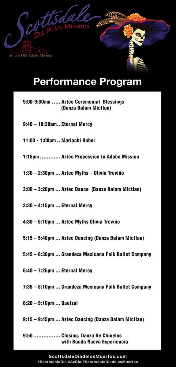 loremediaandart's tweet photo. Performance Program Image for Scottsdale Dia de Los Muertos Saturday Nov 2, 2019. Just some of the fun to be experienced!
#ScottsdaleDia #AzDia https://t.co/NLMixUdQ1i