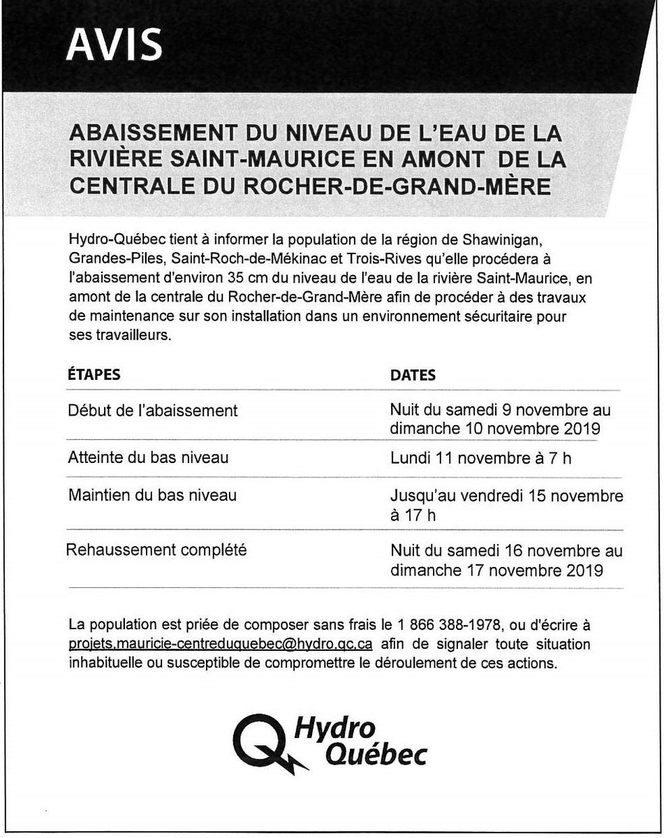 rivstm's tweet photo. AVIS | @hydroquebec tient à informer la population de @villeshawinigan, @GrandesPiles, St-Roch-de-Mékinac et Trois-Rives qu'elle procédera à l'abaissement d'env. 35 cm du niv de l'eau de la rivière Saint-Maurice https://t.co/jnB9HckHKT https://t.co/0d3PokefhH