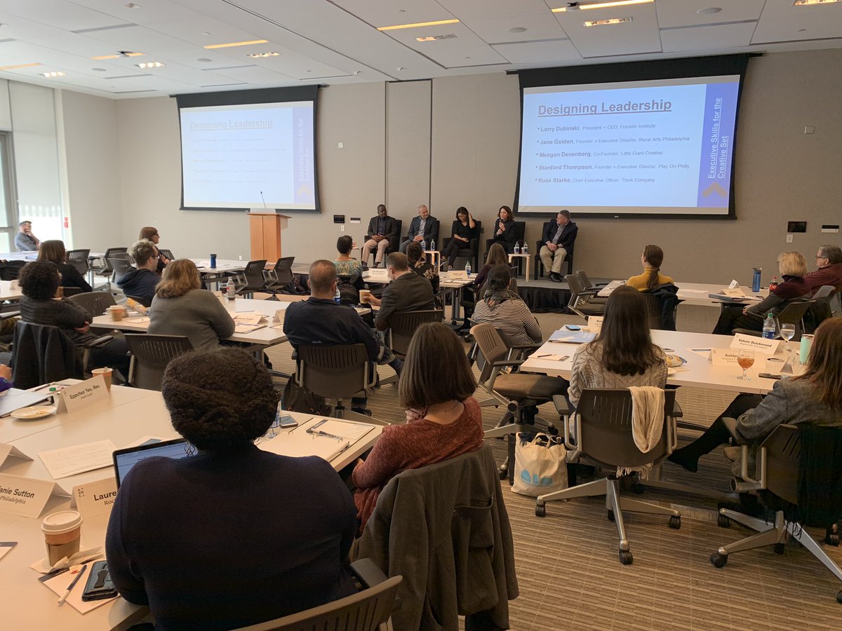 ArtsBusinessPHL's tweet photo. We’re psyched for our final session of #DesigningLeadership today. On the stage: @TheFranklin’s Larry Dubinski, @muralarts’ Jane Golden, @LittleGiantLGC’s Meegan Denenberg, @PlayOnPhilly’s Stanford Thompson &amp; @thinkcompany’s Russ Starke sending off our 2019 cohort. https://t.co/9wo4tMheIS