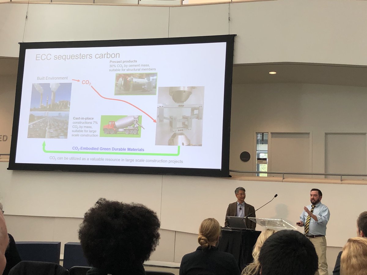 bridgewhisperer's tweet photo. Soaking up carbon in #ECC. @UM_CEE’s Profs. Victor Li and Brian Ellis describing carbon sequestration in bendable concrete at #FromLabToSite. @reuseco2 @TaubmanCollege https://t.co/1kdetIUwa6