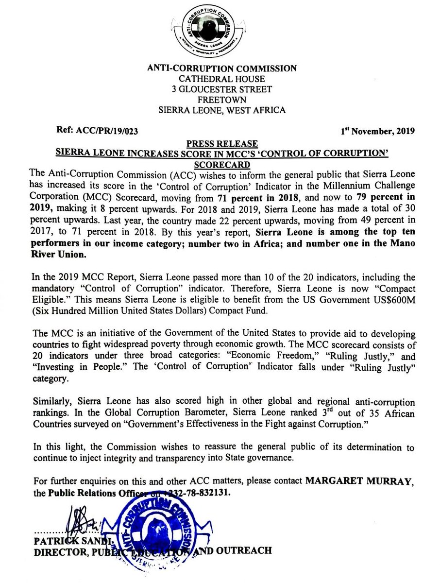 FrancisKaifala's tweet photo. Sierra Leone has now moved from 71% to 79% in the MCC Control of Corruption Scorecard 2020 and within the top 10 performers - its 1st back-to-back pass ever. It was 49% in 2017. We have finally become Compact eligible to win about $600Million in US Fund for development projects. https://t.co/HwFlhD7txM