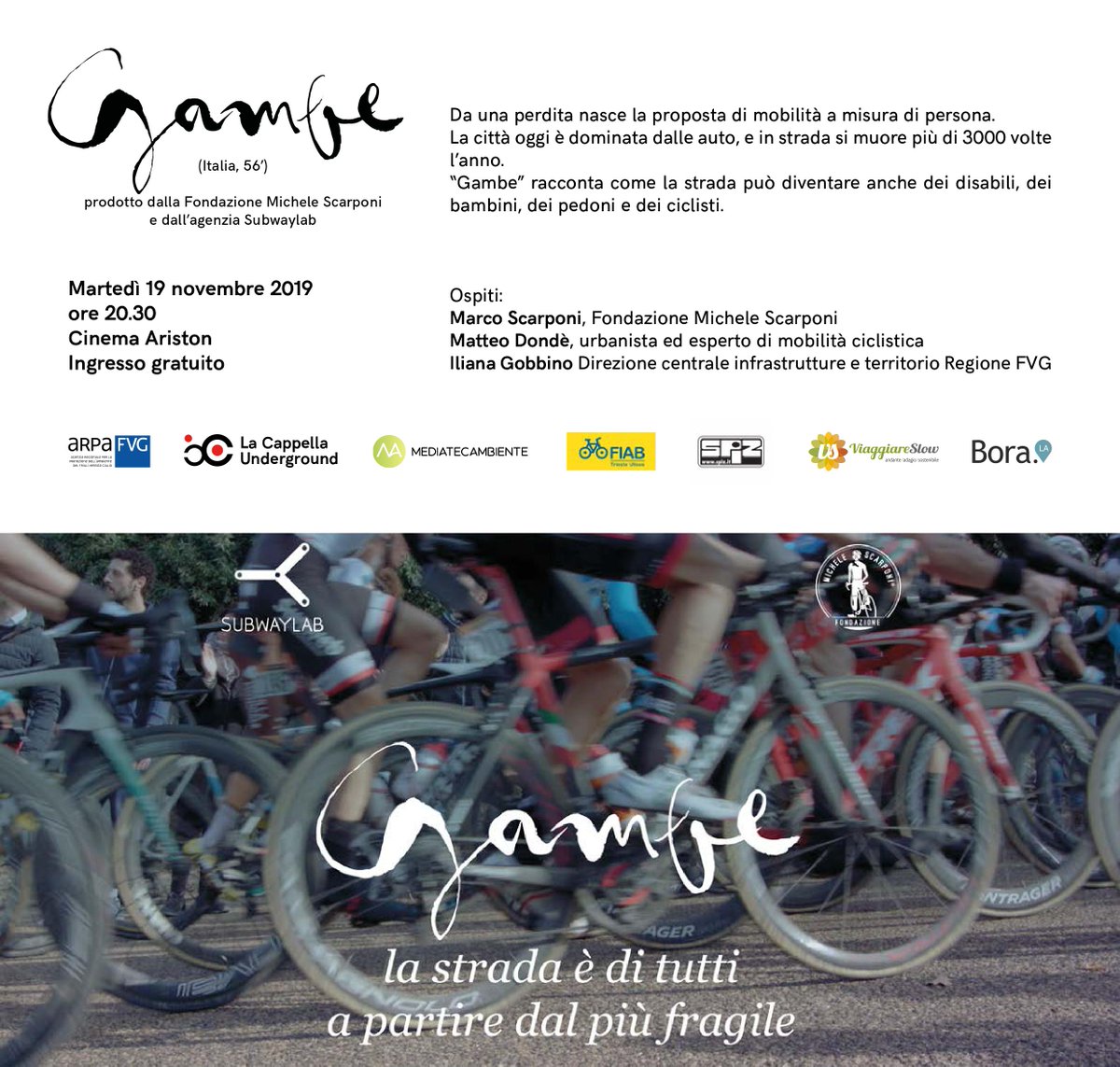 UlisseFIAB's tweet photo. La città oggi è dominata dalle auto e in strada si muore più di 3000 volte l’anno.
“Gambe” racconta come la strada può diventare anche dei disabili, dei bambini, dei pedoni e dei ciclisti.
Appuntamento martedì 19 novembre alle 20.30 a Trieste al Cinema Ariston - Ingresso gratuito https://t.co/wb8JKd1l20