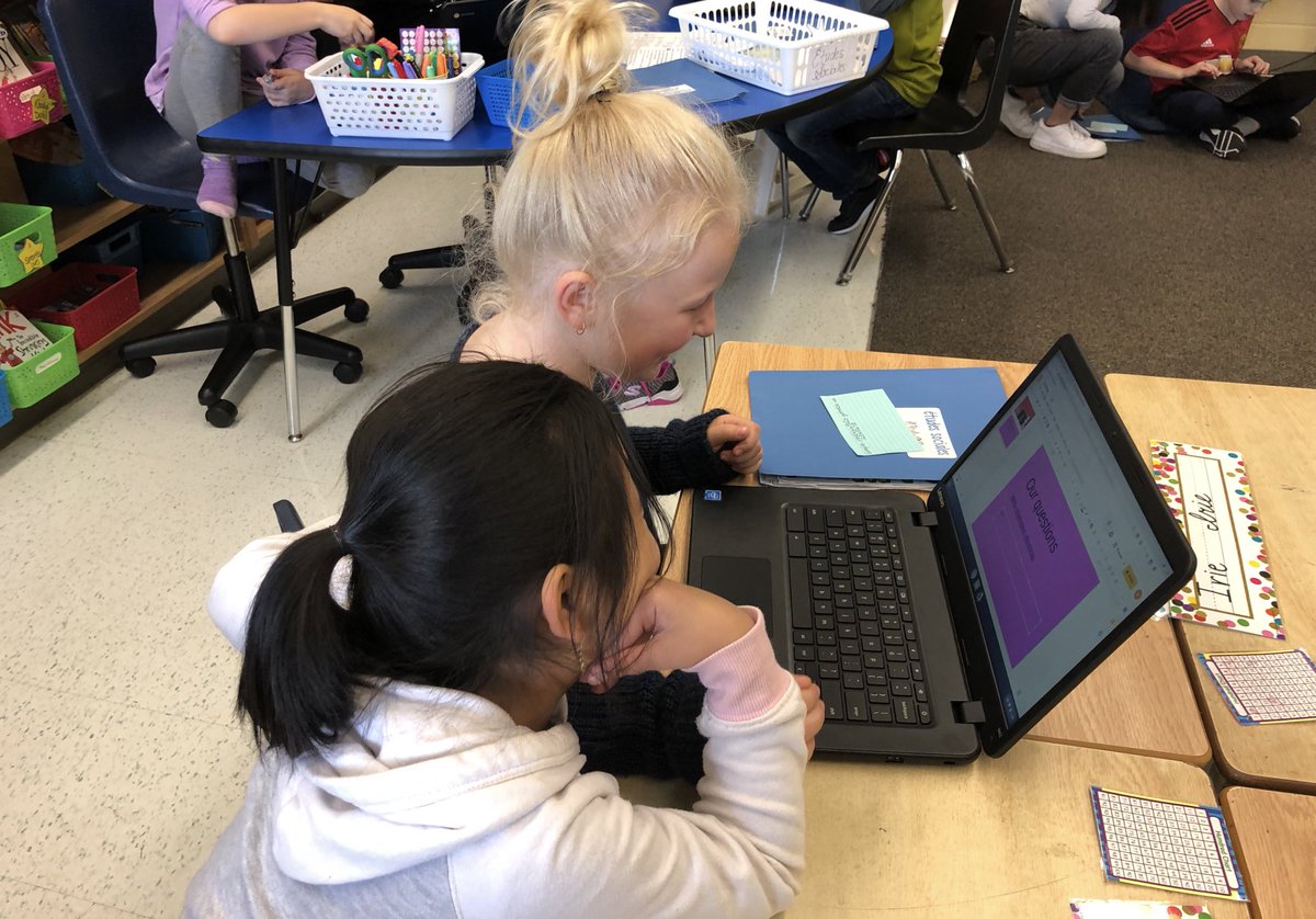 mmecrow's tweet photo. Working so hard on our #socialstudies #inquiry project! Students are asking questions, researching, and presenting with a Google Slide about a celebration or an Ontario city! #collaboration #technology #splitgrade @louisearbourfi https://t.co/DbmBbb6JD0