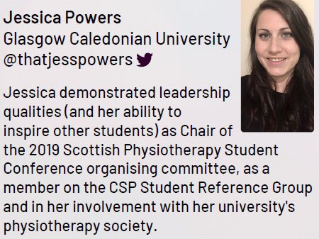 thecspstudents's tweet photo. Congratulations to @thatjesspowers for winning the Student Contribution Individual Award! @GCUPhysioSoc @GCUSHLS @GCUPhysio @spsconf19 https://t.co/X3kL9U8YUz
