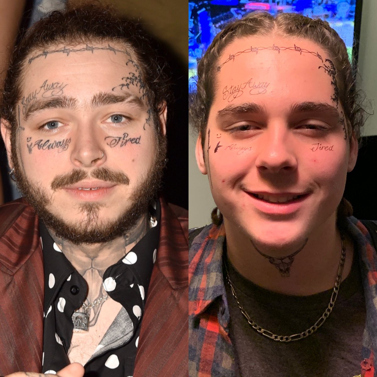 heatheryancy's tweet photo. My middle son was @PostMalone for Halloween and I think maybe now we need a paternity test. Jk, but it’s a little freaky how much he looked like him https://t.co/NpGZVudHxK