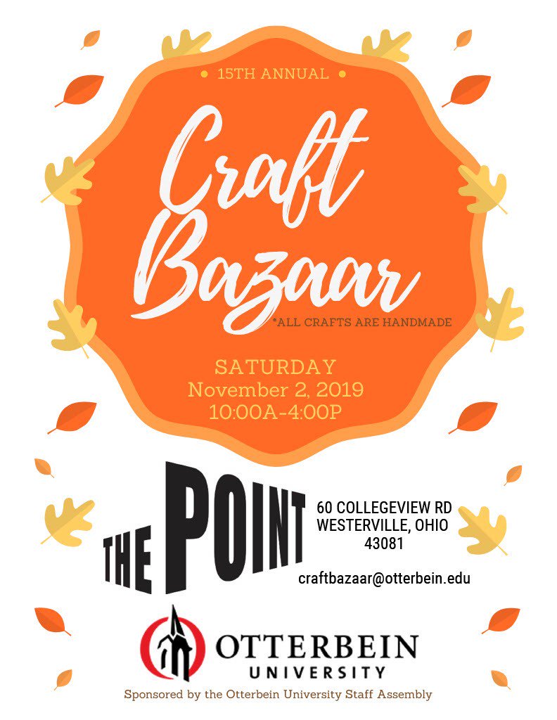 Otterbein's tweet photo. Start your holiday shopping now at the #Otterbein Craft Bazaar, today from 10 a.m.-4 p.m. at The @OtterbeinPoint. All items are handmade and proceeds help Westerville families in need! https://t.co/v8lfAxIFXw