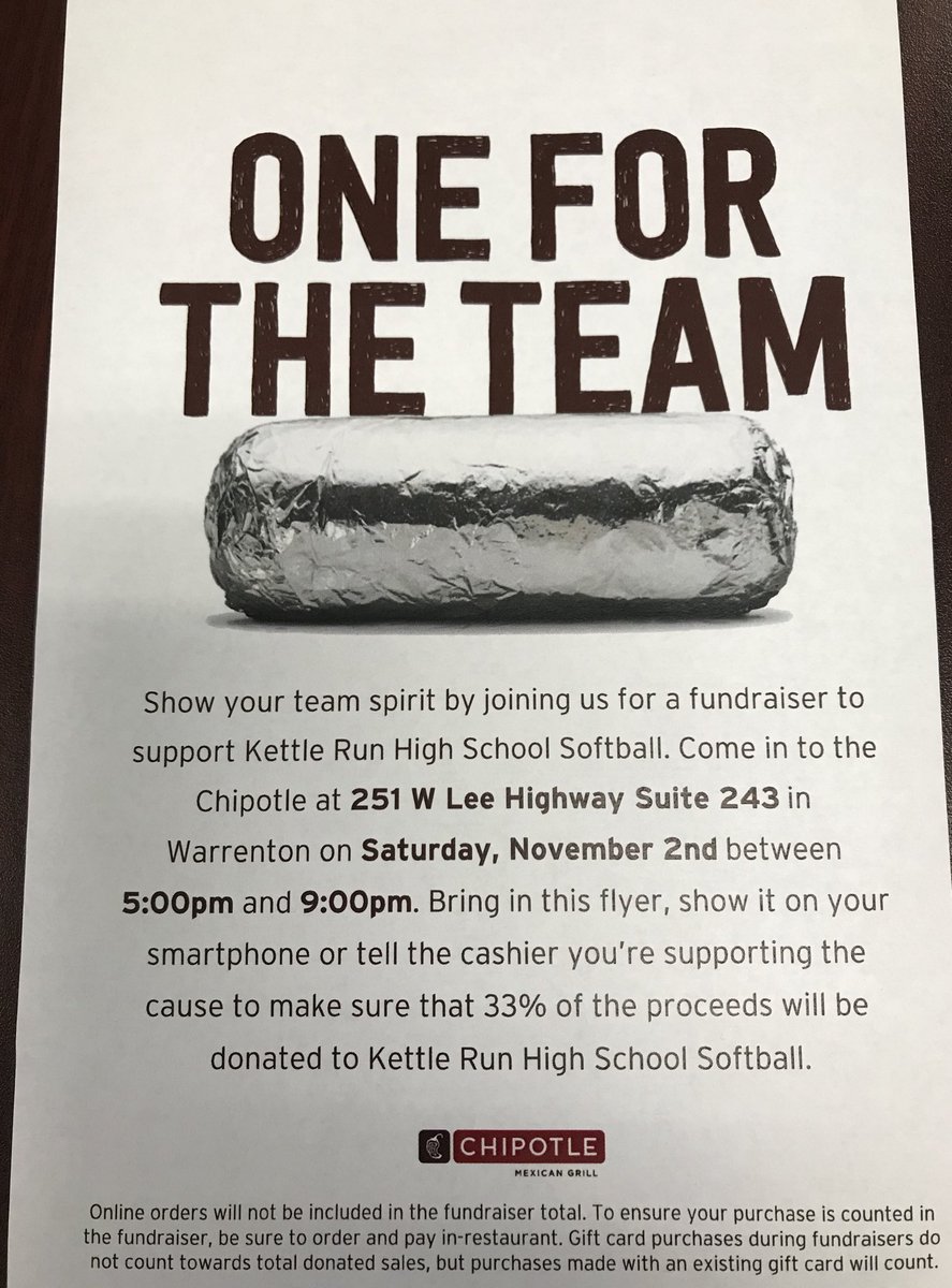 Help our softball team raise some money! Go to ⁦<a href="/ChipotleTweets/">Chipotle</a>⁩ in Warrenton tomorrow between 5-9pm and show this flyer when you order! Thank you! #WeareKR ⁦⁦<a href="/KRMissHill/">Miss Hill</a>⁩ ⁦<a href="/KRHS_MsOlinger/">Ms.Olinger</a>⁩ <a href="/kettlerunsports/">Kettle Run Athletics</a>⁩ <a href="/FCPS1News/">Fauquier Schools VA - NEWS</a>⁩