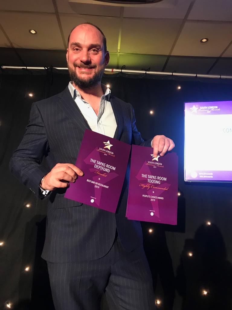 Another one from last night... pleased as punch to get Highly Commended and Commended for People’s Choice award and Best Bar/Restaurant. Feeling the love for The Tapas Room #Tooting! #awards <a href="/SLBizAwards/">South London Business Awards</a>
