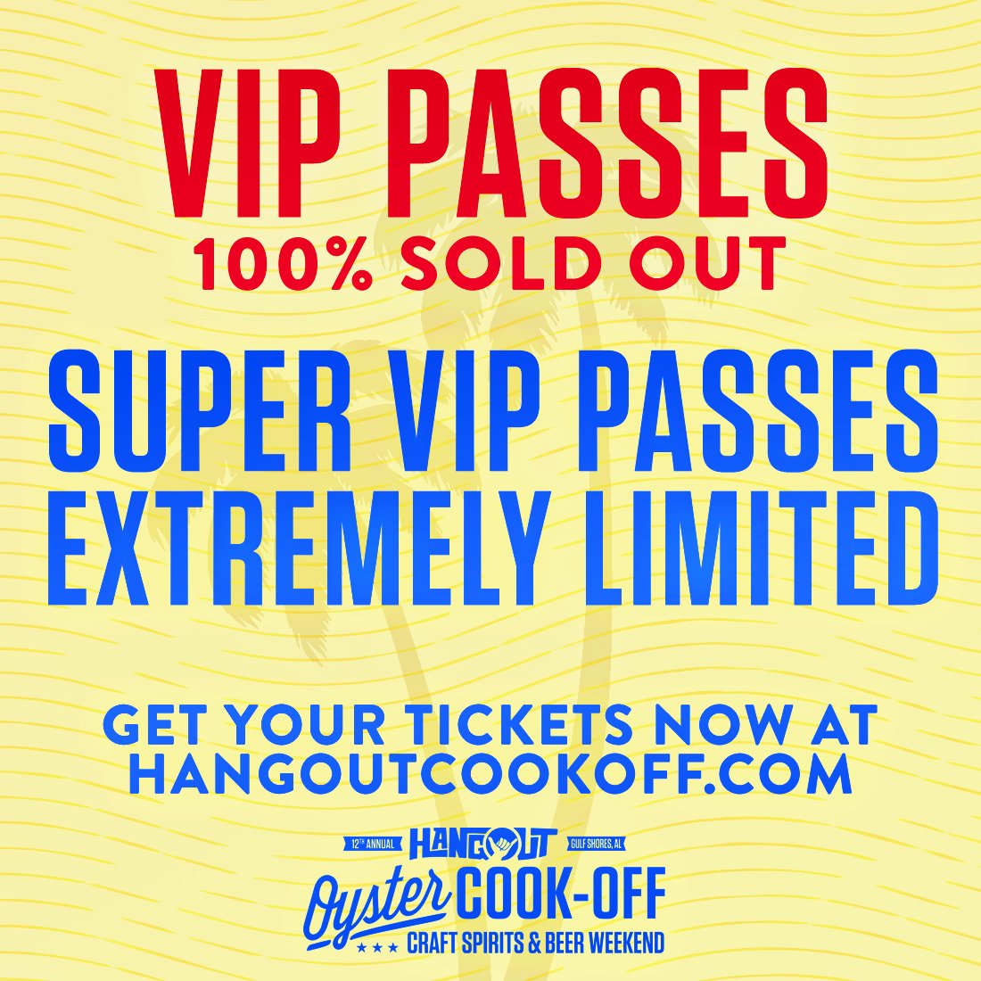 VIP passes 100% sold out! Super VIP passes are extremely limited- get yours today &amp; experience the festival w/ special access to celebrity chef meet &amp; greets, exclusive tastings, commemorative laminate, a private lounge area &amp; more!

Get yours now at hangoutcookoff.com !