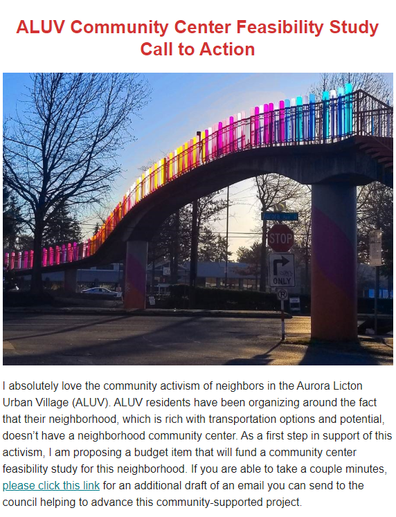pushtheneedle's tweet photo. A glowing email about @AuroraLictonUV and the hopes for a community center from our wonderful councilmember in D5 (@D5Juarez). Also love the picture of the bridge. The wonderful efforts by ALUV made that bridge art possible. #Aurora #ALUV #Community https://t.co/FkfDNKwSLO