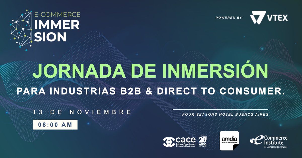 eCommerceDay's tweet photo. 📢 #eCommerceImmersion 2019 ¿Quién dijo que el #eCommerce es solo para #B2C? Aprovechá el #EarlyBird del 50% OFF y participá de una jornada de inmersión para industrias #B2B. ✔ Más info: https://t.co/AuKzo58dQ3 - #Código: e-instituto https://t.co/sDJPda5AgE
