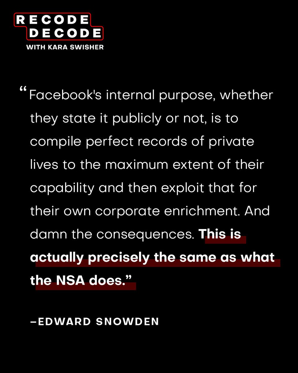 Whistleblower Edward <a href="/Snowden/">Edward Snowden</a> says Facebook is just as untrustworthy as the NSA. 

He told Recode's <a href="/karaswisher/">Kara Swisher</a> he thinks it’s a “mistake” to see the NSA as a bigger threat to privacy than tech companies. 🎧 Listen to the latest Recode Decode podcast: applepodcasts.com/recodedecode