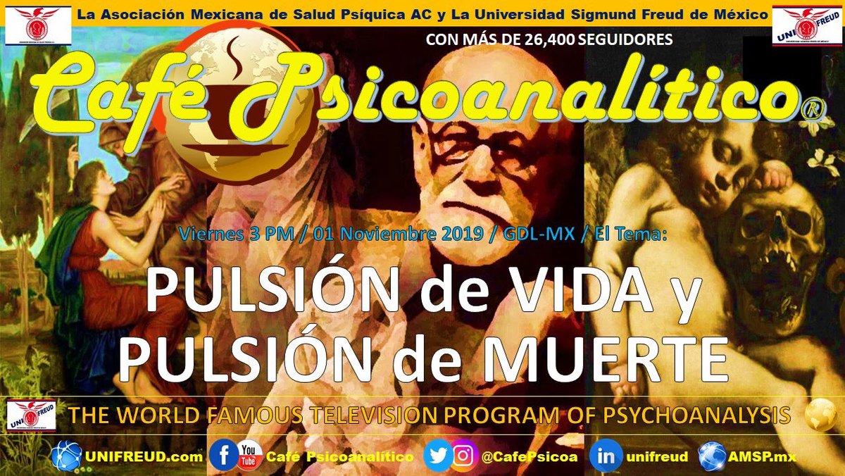 CafePsicoa's tweet image. Hoy, viernes de @CafePsicoa, Café Psicoanalítico tendremos el tema #PULSIÓN DE #VIDA Y #PULSIÓN DE #MUERTE, aprovechando estos días de #monstruos, #santos y #calaveras, trataremos las pulsiones de la segunda tópica #freudiana, que son necesarias para la vida.