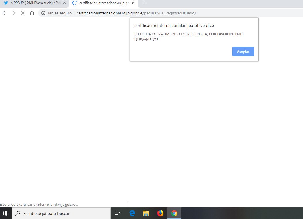 jimenezmalpica's tweet photo. Hola, cómo solicitar los antecedentes a un familiar si el sistema no le permite registrarse? Ha intentado registrarse utilizando distintos buscadores y siempre le sale el mensaje que adjunto en la imagen, ha preguntado en varios sitios y no le resuelven su problema @MIJPVenezuela https://t.co/qgfAn6fzeL