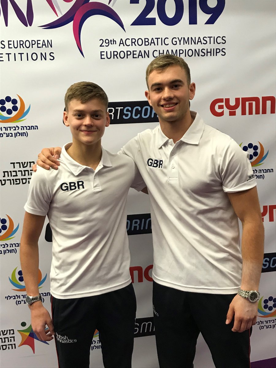 BritGymnastics's tweet photo. 2019 Acrobatic European Champs qualifying✅
Our junior (13-19 age group) & senior gymnasts have qualified for 1⃣4⃣ finals this weekend 🇬🇧
📸Senior men's pair Adam Upcott & Charlie Tate, and junior mixed pair Jordan Franklin & Ella Sanz qualified 1st all-around🙌
#Acro2019 https://t.co/gCcabNmOQr