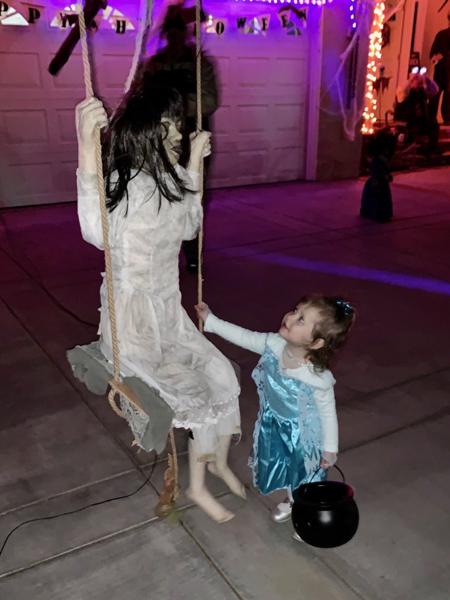 monarchmommy's tweet photo. Natalie LOVED trick or treating! She also loves this creepy doll on a swing that was howling 🤷🏼‍♀️ #minielsa #22monthsold #bravetwin #trickortreat https://t.co/OZh5PcEm6Z