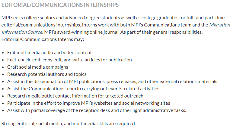 ruizags's tweet photo. Know any journalism/comms students or recent-grads? 
@MigrationPolicy has editorial/comms internships in DC for talented candidates seeking to contribute to migration research dissemination &amp; work w/ our excellent comms team. Apply today! https://t.co/0FwjJiTnLb 📺📱🧐👇 https://t.co/4X3yKbKwz3