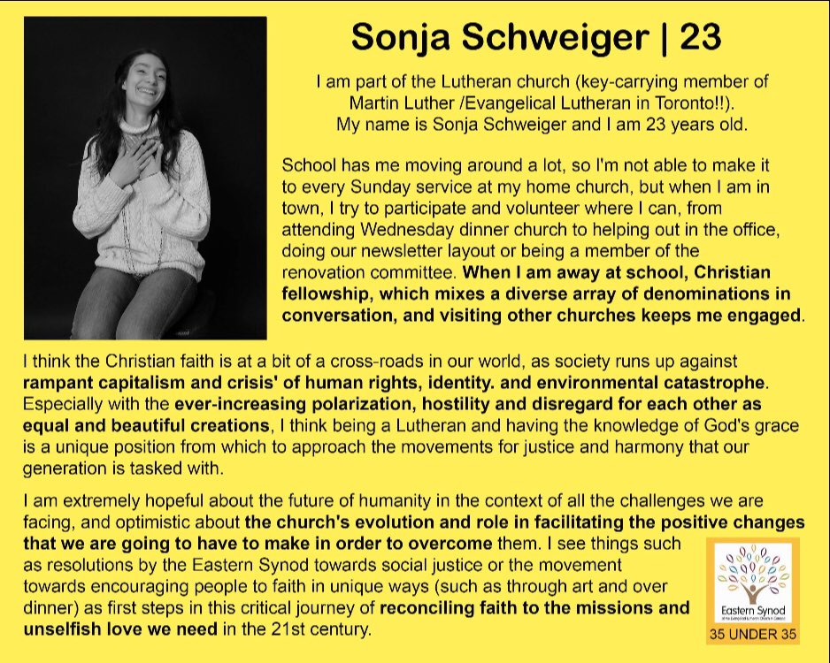Sonja is YA #58!
Her bio tells about how she balances school and an active church life, the cross-roads that the Lutheran church is facing, and her hopes for the future of humanity and the role the LC will play in it. 

Read twice!

#35Under35 #rftfuture #myELCIC