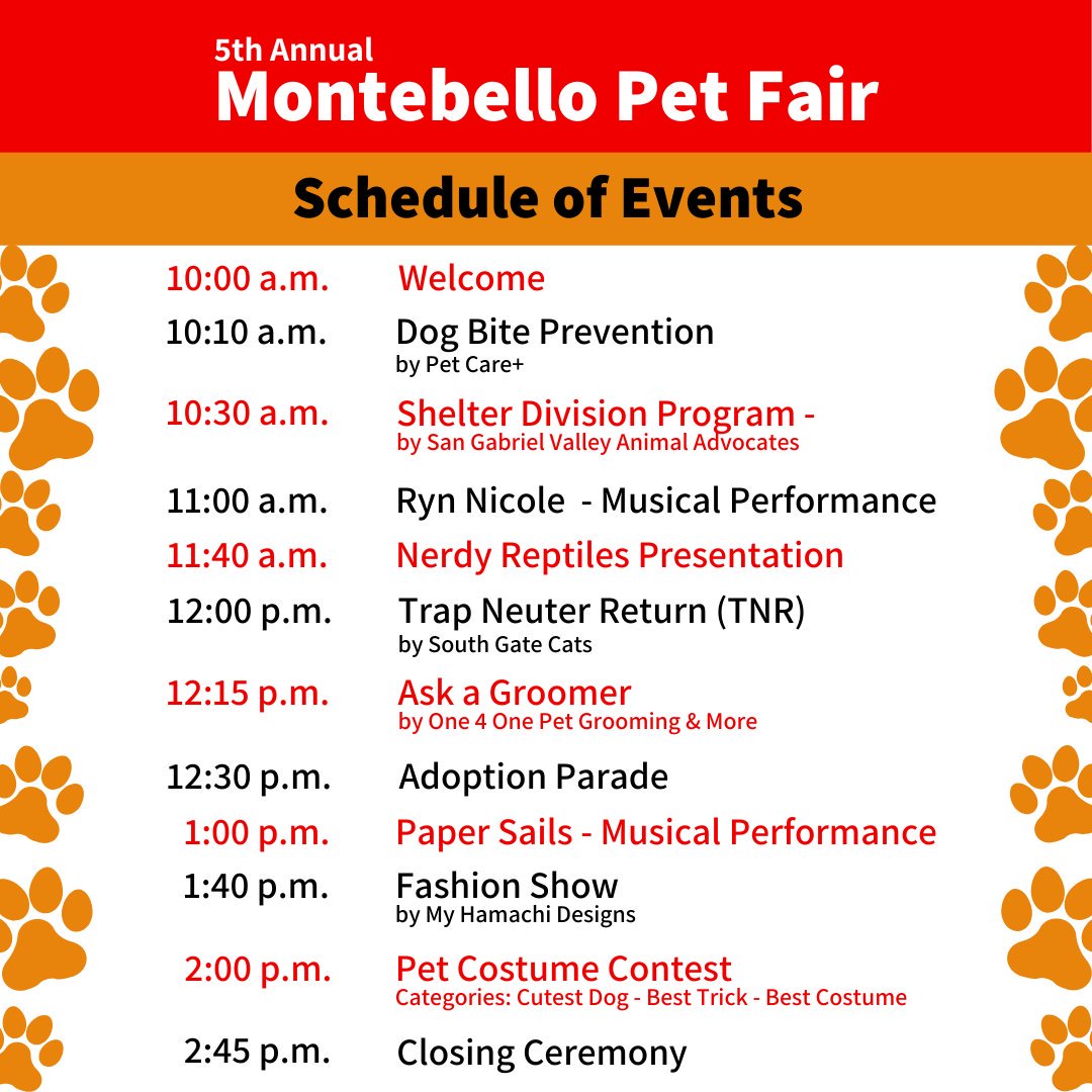 MTBPetFair's tweet photo. Are you all ready for tomorrow? Here's the schedule of events for our stage. ⁣Shout out to our guest speakers and musical performers. 
⁣
We'll see you tomorrow!⁣
🗓 Sat, November 2, 2019⁣⁣⁣⁣
⏰ 10 a.m. - 3 p.m.⁣⁣⁣⁣
📍 Montebello City Park⁣⁣⁣⁣
⁣
#OneMoreDayToGo https://t.co/3gNcHsKVCE