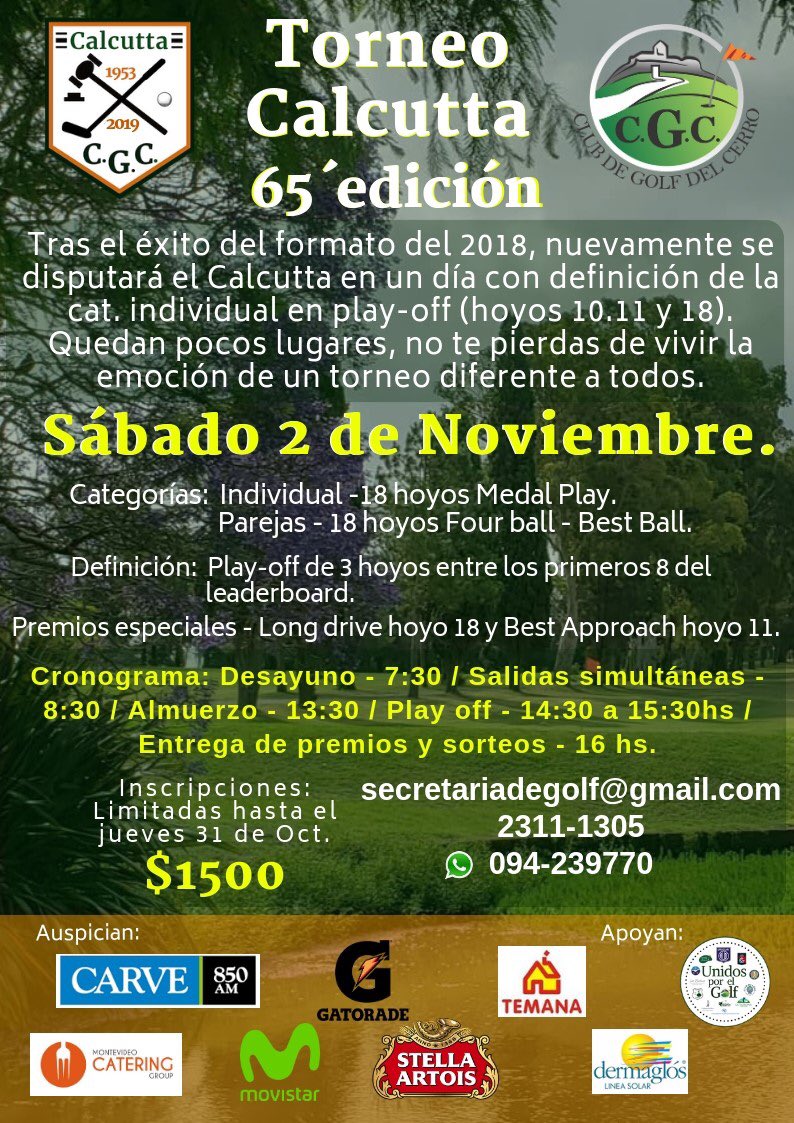 Atención Amigos: 

De acuerdo a los pronósticos del tiempo estamos postergando las salidas del Calcutta para la hora 9.30 con el objetivo de disfrutar del campo de la mejor manera.