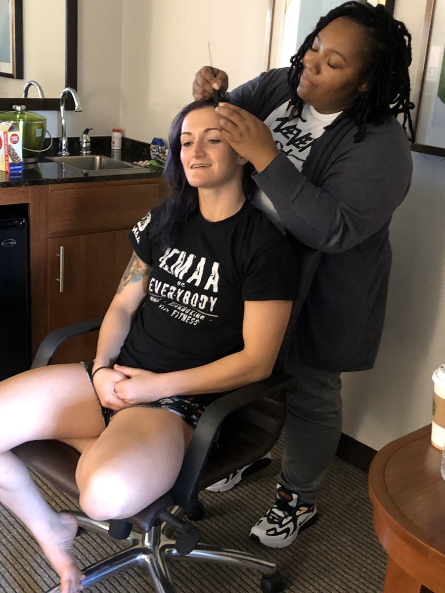 Liv_4_MMA's tweet photo. Getting close! @ShanimalShanna getting her war braids!!! #InvictaFC38 #KMAA #Shanimal https://t.co/asj8E4OGY3