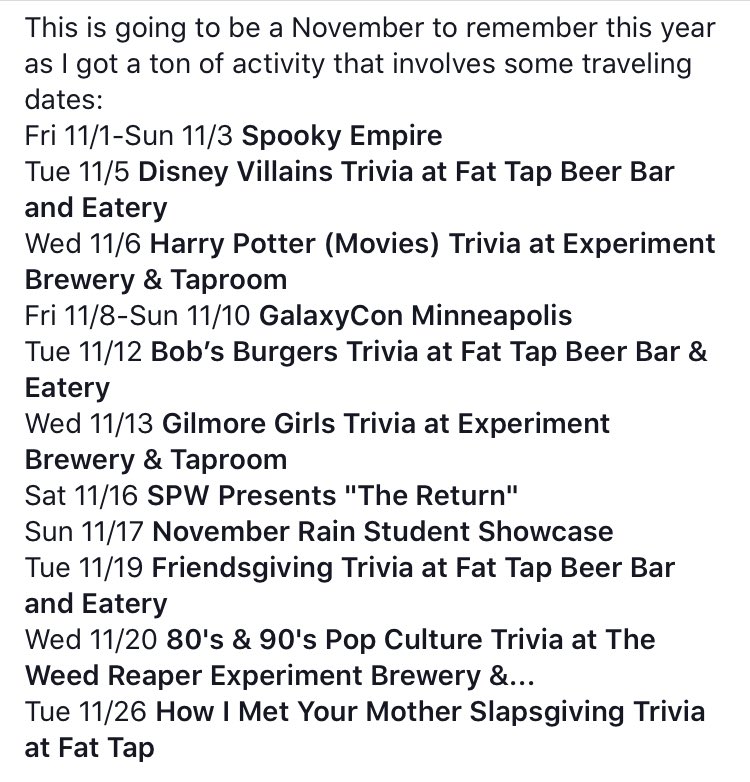 SteveMesa's tweet photo. This is going to be a November to remember this year as I got a ton of activity that involves some traveling dates. Come and swing by especially for #TriviaNights at #FatTap &amp; @WeedBrewery. https://t.co/tG2O1eb1va