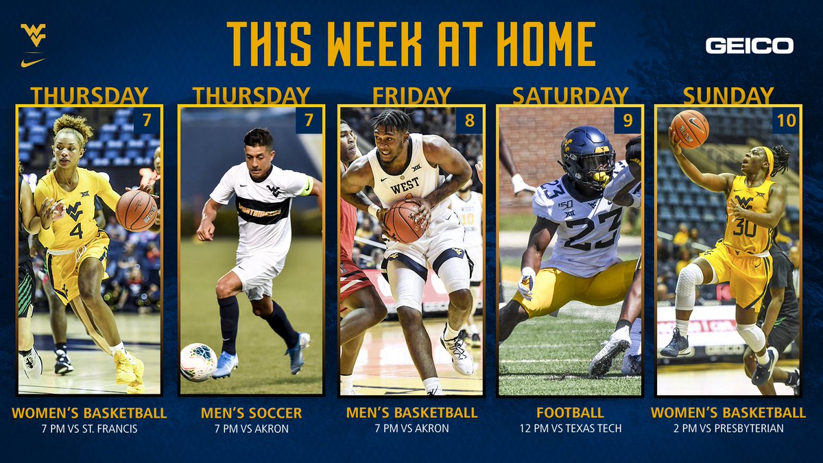 WVUSports's tweet photo. Ready for another week of action!

@WVUWBB ⏩ Thursday

@WVUMensSoccer ⏩ Thursday

@WVUhoops ⏩ Friday

@WVUfootball ⏩ Saturday

@WVUWBB ⏩ Sunday
 
#HailWV https://t.co/gdgOLFBKEW
