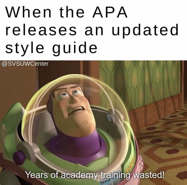 APUWriting's tweet photo. To all those sifting through the differences between APA 6th and 7th editions, we see you. If you need help transitioning to the new rules, we can help you work through it. We're all learning together! #TWCthere4me

Credit: @SVSUWCenter https://t.co/kyvG95rNt8
