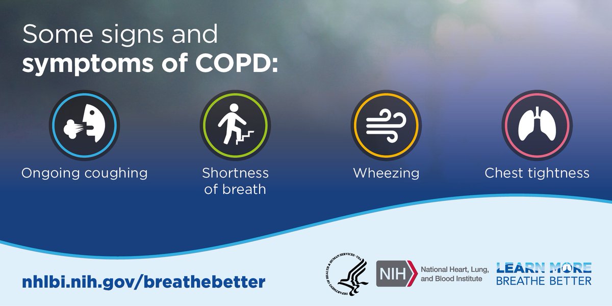 Ongoing coughing, shortness of breath, wheezing, or chest tightness are all signs of #COPD, but everyone will experience them differently. Talk to your health care provider if you are experiencing symptoms. Join us on the #COPDjourney to learn more. nhlbi.nih.gov/breathebetter