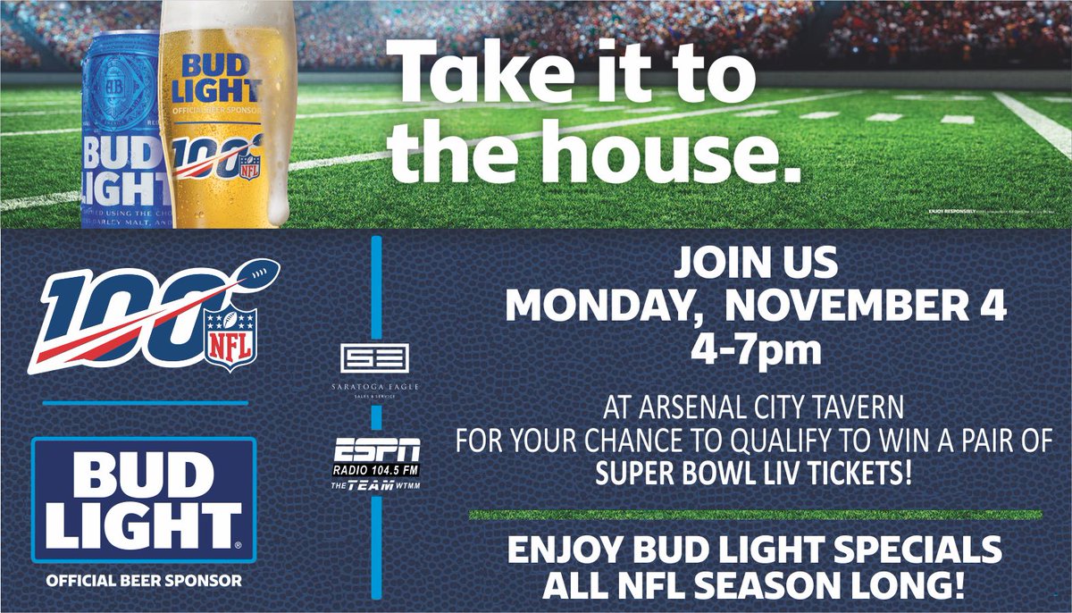 You can find us Monday Afternoon at Arsenal City Tavern with 104.5 The Team ESPN Radio and your chance to qualify to win a pair of Super Bowl LIV tickets courtesy of Bud Light !

#superbowlLIV #wintickets