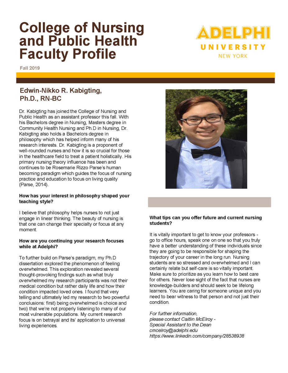 #FacultyFriday - @dredwinrn Dr. Edwin-Nikko R. Kabigting is one of @AdelphiCNPH 's newest nursing faculty members but his genuine, holistic approach to nursing education and his higher-level nursing theory research endeavors are already making a big impression. #MyAdelphi