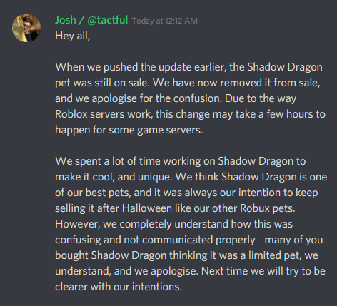 Adopt Me On Twitter We Listened To Your Feedback And The Shadow Dragon Is No Longer For Sale Our Full Statement In Images - how to get the new roblox shaodws in your game