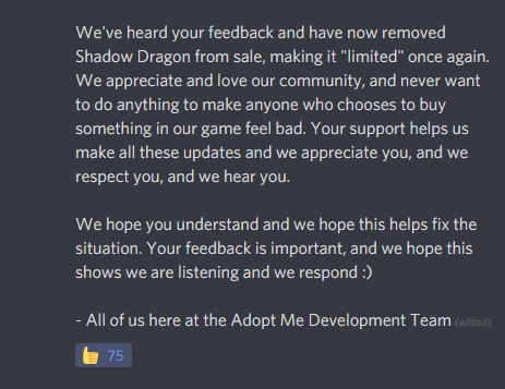 Adopt Me On Twitter We Listened To Your Feedback And The Shadow Dragon Is No Longer For Sale Our Full Statement In Images - fnr shadow dragon roblox