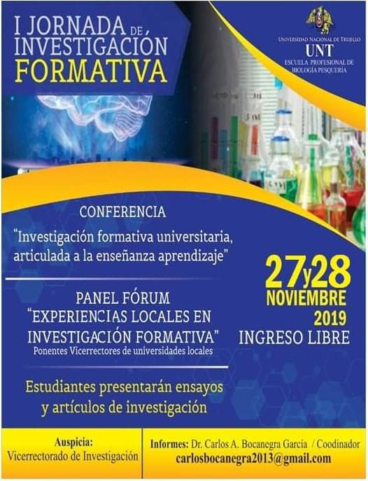 roximar78's tweet photo. Esperamos la participación en la I Jornada de Investigación Formativa que realiza la escuela de Biología Pesquera de la #UniversidadNacionaldeTrujillo Este 27 y 28 de Noviembre del 2019.
Lugar: Jr. Diego de Almagro 3era cuadra Local central https://t.co/EmXixB65EA