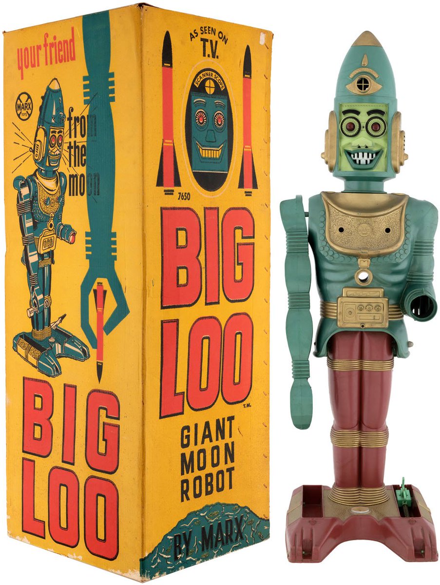 HakesAuctions's tweet photo. How many of you remember playing with #BigLoo back in the day? This iconic 1960s #Marx #robot is now up for bid at @HakesAuctions, complete with its original box! Bidding on this iconic #MoonRobot ends next week! 🤖🌕🤖 https://t.co/hoYdvu4jDt
#BigLooMoonRobot #60sToys #auction https://t.co/idJCctwe0V