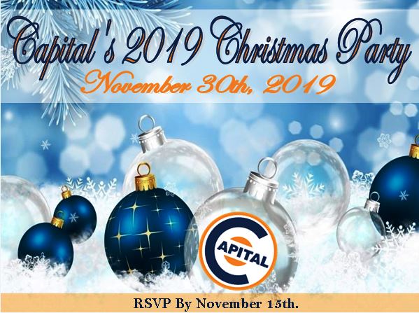 Get ready for a night full of dancing and prizes at Capital’s 2019 Blue and Gold Christmas Party on November 30th! 
Bring a non-perishable food item in support of the Silvercreek Community Market. 
RSVP to any of our Social Committee members by November 15th.