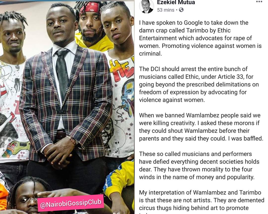 KelvinKyp_'s tweet photo. DR EZEKIEL MUTUA  THANK YOU for speaking  
How long will we demean our women  the song support  rape @EzekielMutua @DCI_Kenya  @PoliceKE  time to act on Ethic https://t.co/h2vQBUaydH