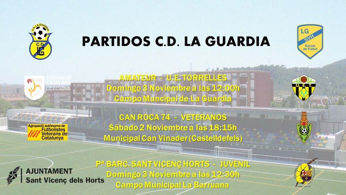 Partidos fin de semana:
Amateur vs <a href="/UETorrelles/">Unió Esportiva Torrelles</a>: dos recién descendidos con necesidad de ir sumando para escalar posiciones.
<a href="/canroca74UE/">Can roca 74 U.E</a> vs Veteranos: visita al, hasta ahora, intratable líder.
<a href="/PBSVH/">PBSVH</a> vs Juvenil: Derbi, siempre un partido especial.

#4cat8 #futbolveterans #fcf