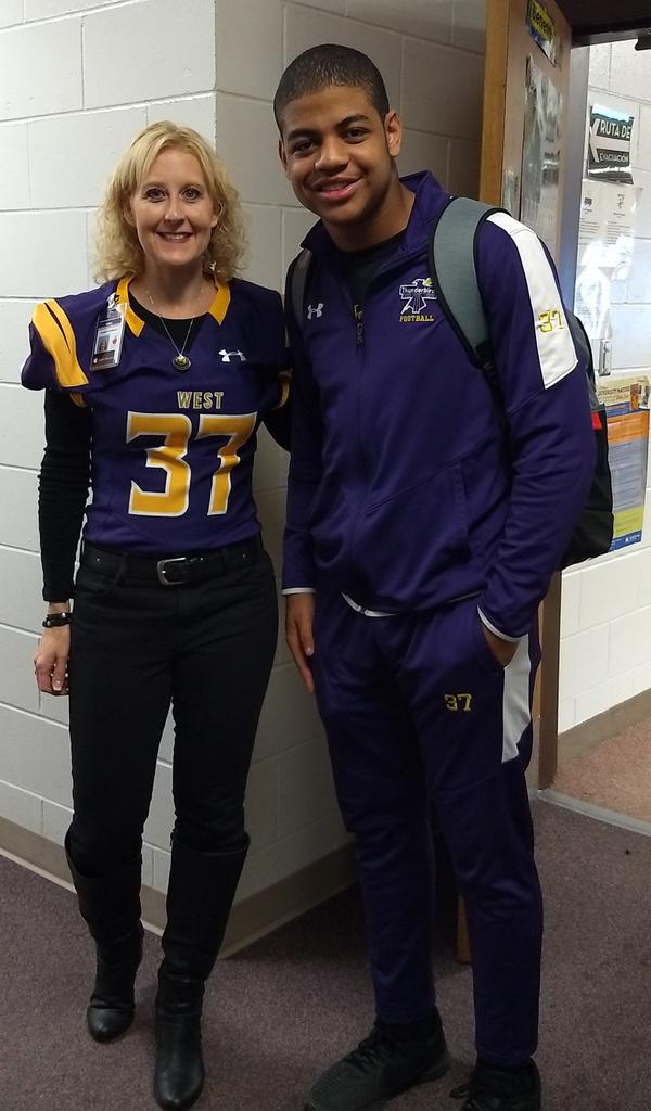 Football players asked teachers today at Bellevue West to wear their jerseys before the playoff game tonight.  My student LJ asked me to wear his jersey today.  Go Tbirds!! It's a great day to be aTbird! 💜💛 🏈  #playmakersinpurple #bpsne #tbirdsflytogether