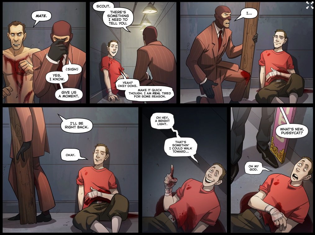 StebMcDreb's tweet photo. everyone goes for the silly examples when comparing tf2's story to OW, for good reason, but Spy disguising himself as Tom Jones to comfort Scout as he dies because he knows that Scout would never accept him as his father is more heartwrenching than any of OW's attempts at sadness https://t.co/slNeJwg5ez